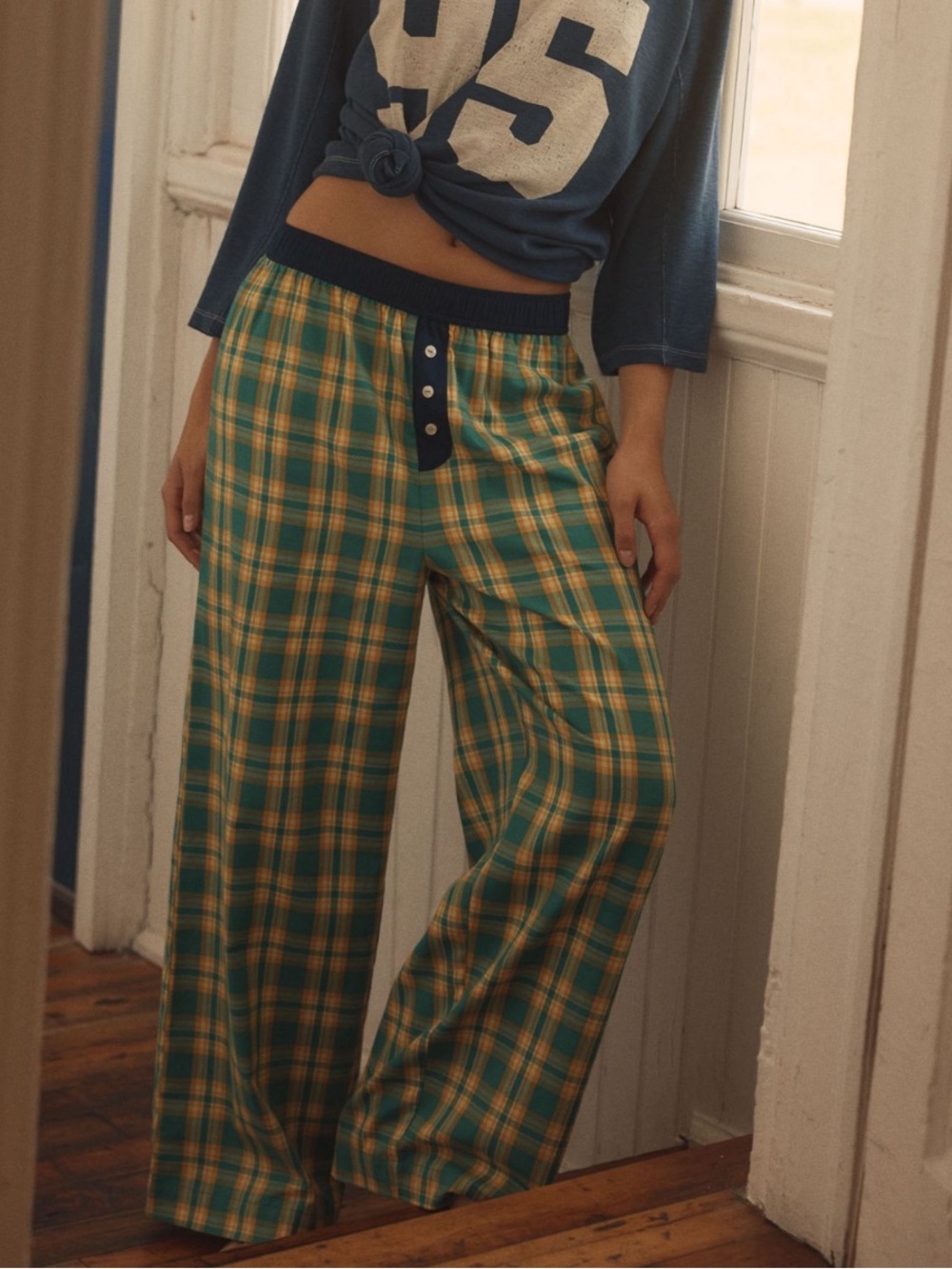 Anthropologie Wren Boxer Pants Flannel New Small Blue Yellow Green Plaid